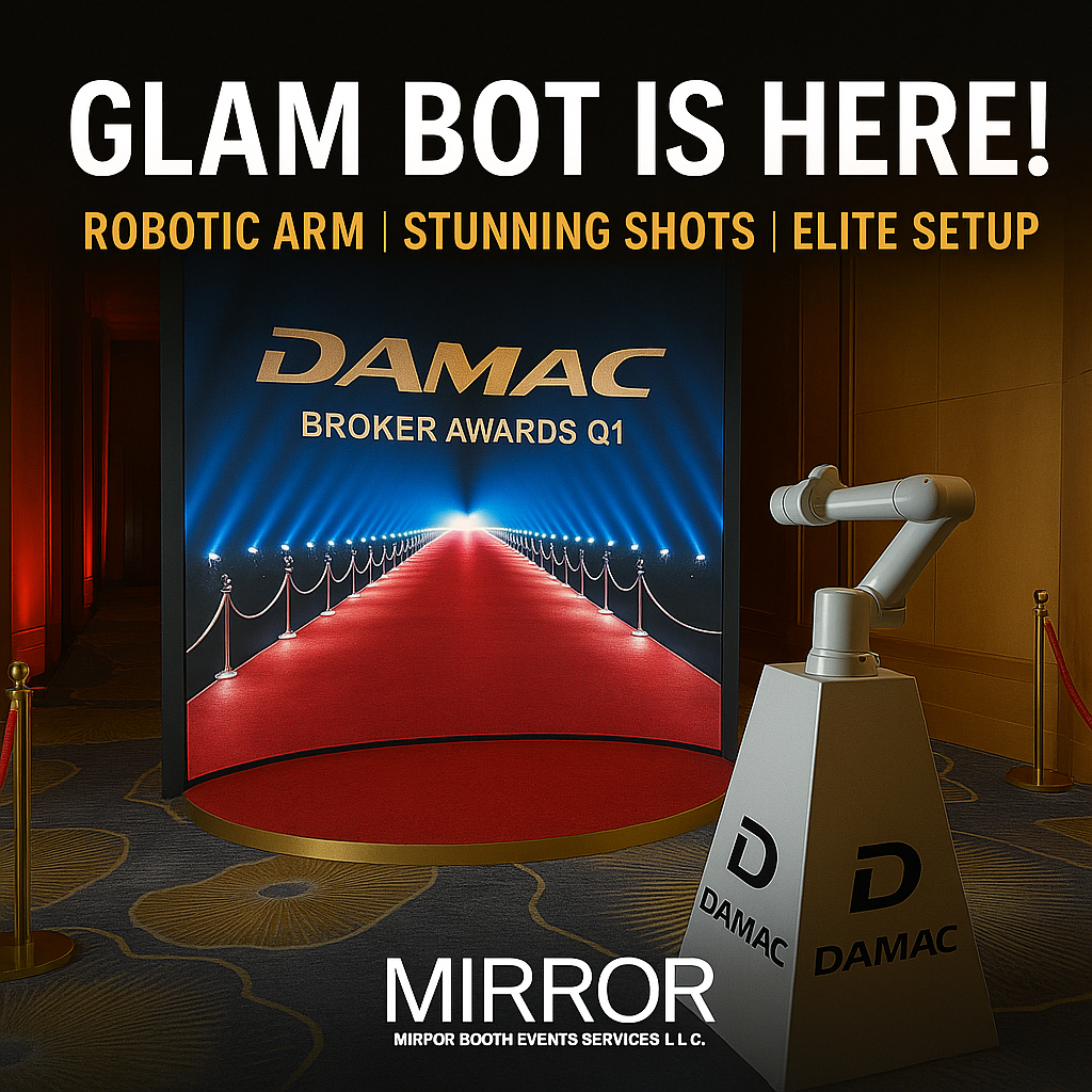 Guest posing in front of a Glambot slow motion video booth at a luxury event in Dubai, captured in cinematic style with a robotic camera arm.